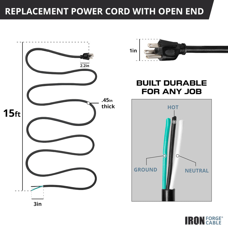 Iron Forge Cable 12 Gauge Power Cord Replacement - 15ft,15 Amp Black Heavy Duty, 12/3 SJT 3 Prong Cable - for Appliances & Power Tools, NEMA 5-15P 15 ft 12 AWG (15 Amp)