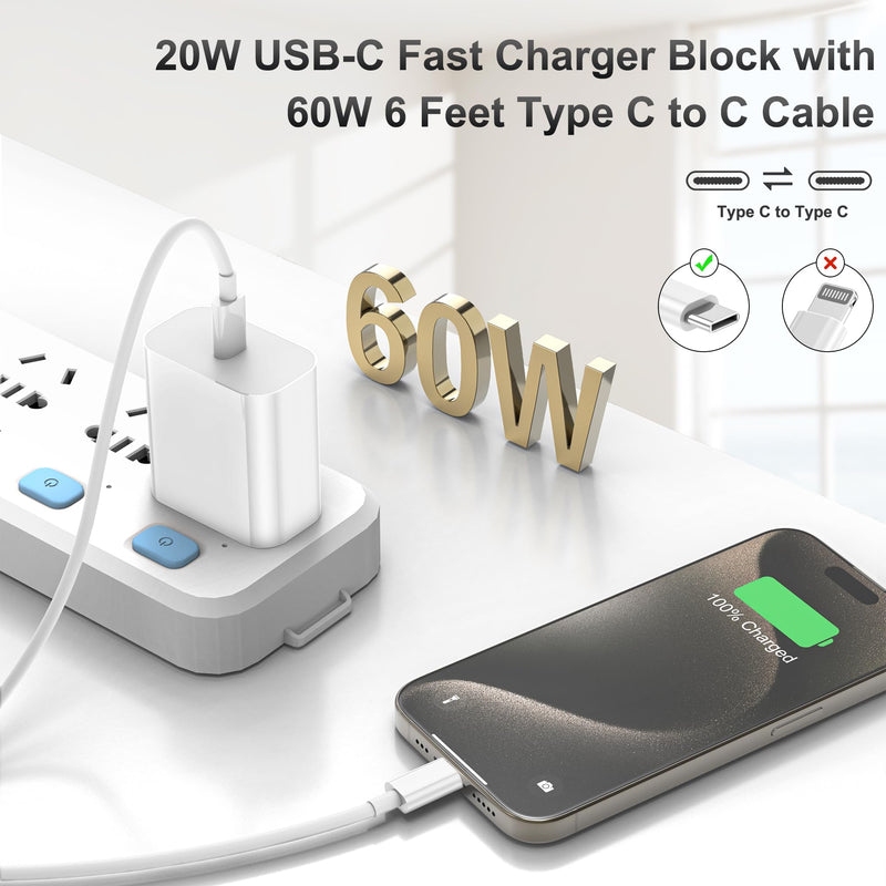 iPhone 15 Charger, 3 Pack 20W USB-C Wall Charger with 6ft USB C to USB C Cable for iPhone 15/15 Plus/15 Pro/15 Pro Max/iPad Mini 6,iPad Air4,iPad Pro 12.9
