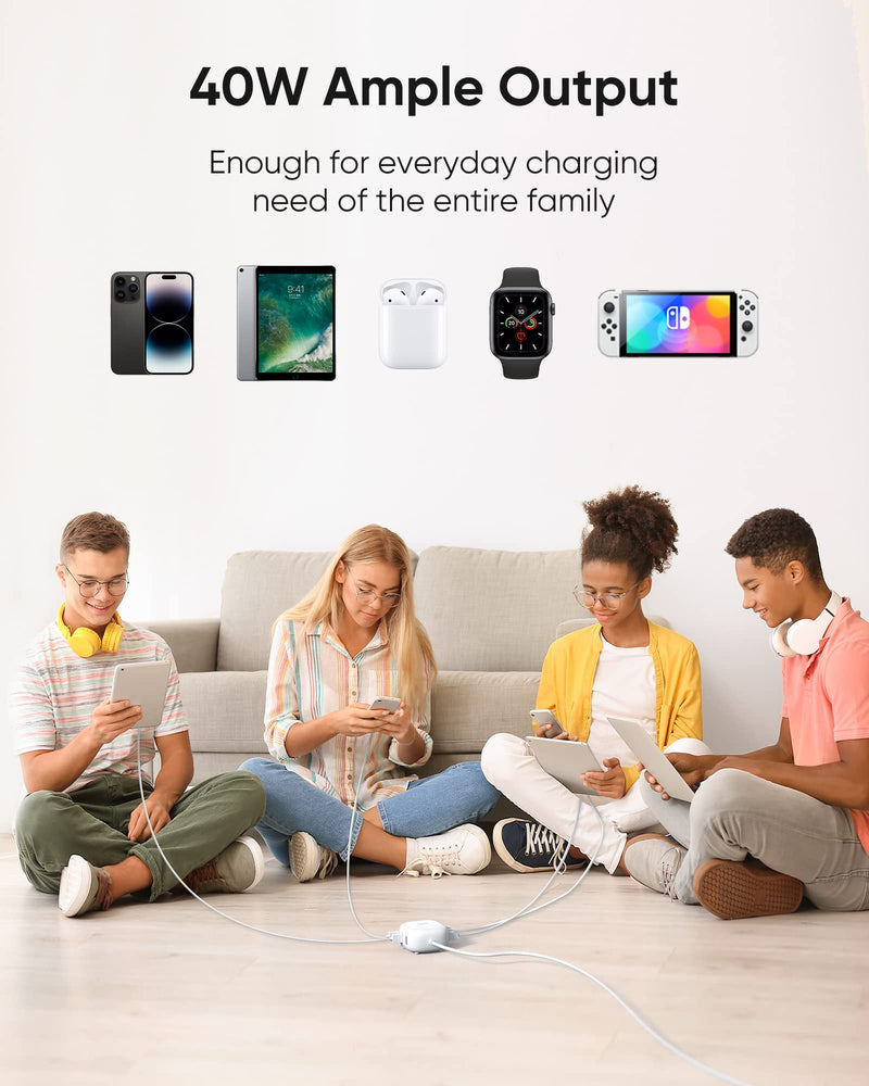 SUPERDANNY 6-Port USB Charger, 40W 8A Mini USB Charging Station, Charging Station for Multiple Devices, 4ft Cable, Compatible with iPhone, iPad, Galaxy, Pixel, for Travel, Cruise, White