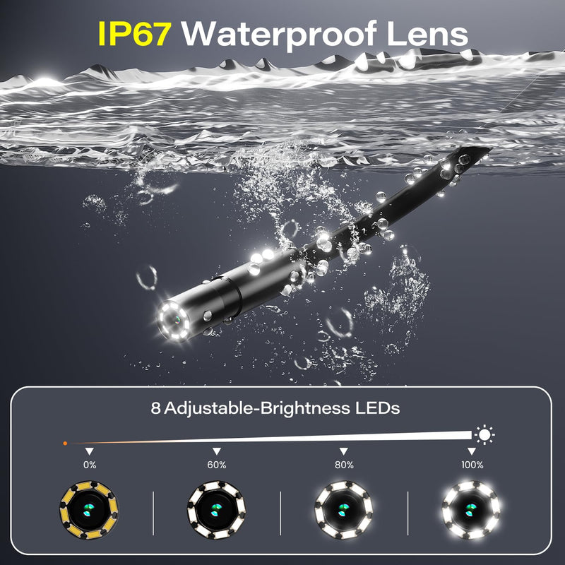 Borescope with Light, 1920P HD Endoscope Inspection Camera with 4.3" IPS Screen, 8mm Lens IP67 Waterproof with 8 LEDs, 16.5ft Semi-Rigid Snake Camera for Automotive Pipe Inspection A1
