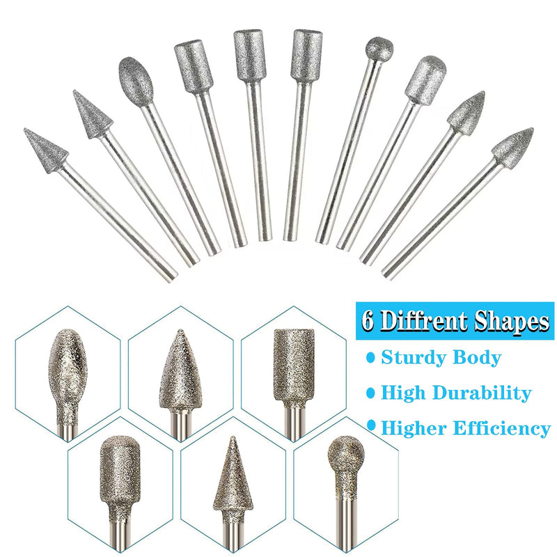 Diamond Cutter Set, 20 Pieces Diamond Burr Grinding Pins for Dremel Rotary Tool Accessories with 1/8 Inch Shank for Stone Glass Ceramic Carving, Grinding, Polishing, Engraving