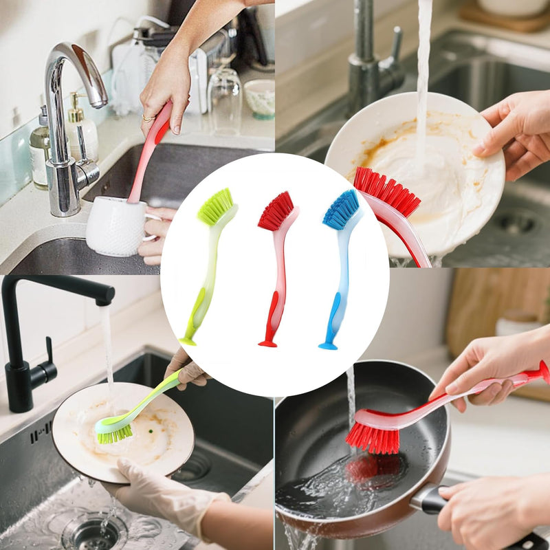 Washing Up Brush with Handle, 3-Piece Cleaning Brush with Extended Handle, Soft Dish Scrubber, Scrubbing Brush for Dishes, Washing Brush, Bathtub for Sinks Pans Sink Cleaning