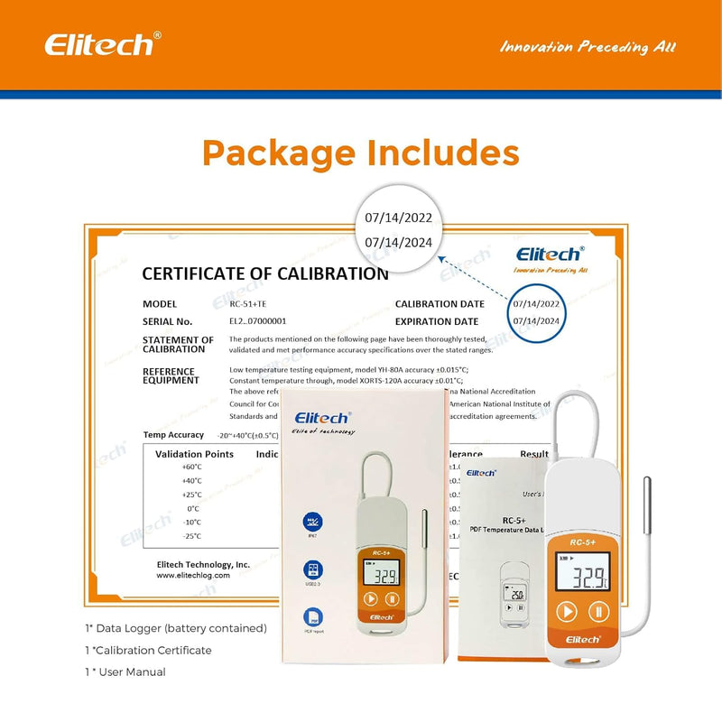 Elitech RC-5+ TE Temperature Data Logger Reusable Recorder 32000 Points PDF & CSV USB High Accuracy with Calibration Certificate Temperature Logger External Probe 1