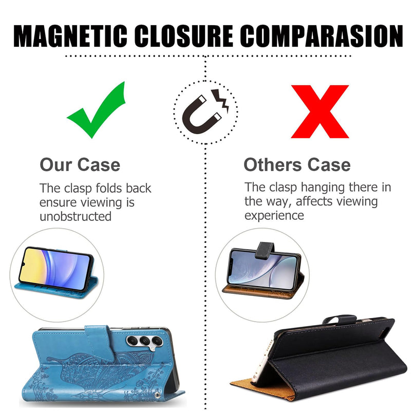 for Samsung Galaxy A15 Wallet Case, [Butterfly & Flower Embossed] Premium Leather Case Cover with Card Slots Kickstand Flip Case for Samsung Galaxy A15 (Blue) Blue