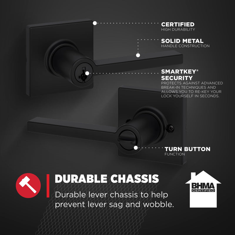 Kwikset Casey Entry Door Handle with Lock and Key, Secure Keyed Reversible Lever Exterior, For Front Entrance and Bedrooms, Matte Black , Pick Resistant Smartkey Rekey Security and Microban 1 Pack Keyed Entry