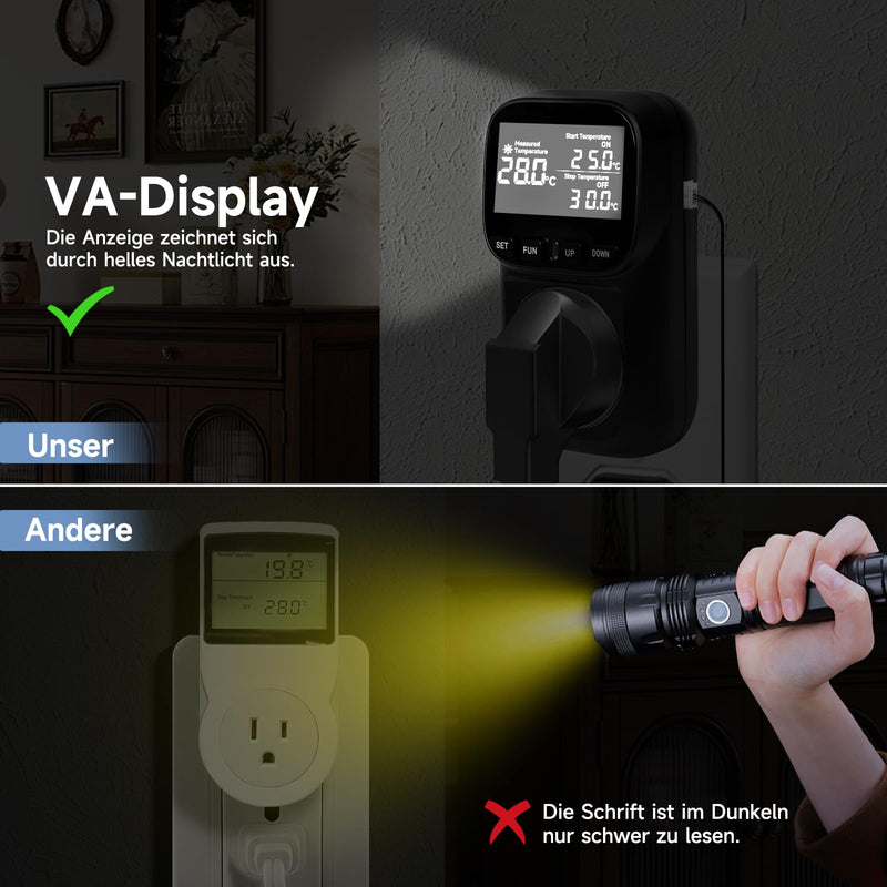 Temperature Control Socket 16A/3680W -40°C ~ 120°C, Digital Thermostat, 5M + 2M Cable Sensors, Heating/Cooling, Cycle Timer/Countdown Black