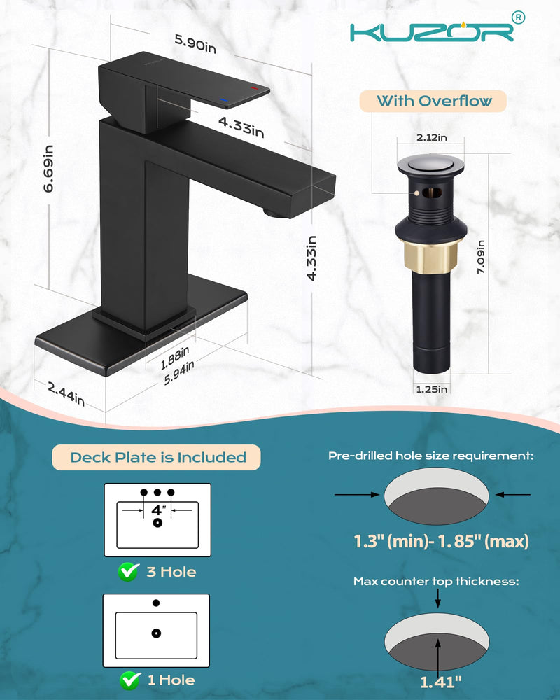 Single Hole Bathroom Faucet, 1-Handle Bathroom Sink Faucet with Pop-Up Drain, 304 Stainless Steel Matte Black for Modern Bath/Vanity SHORT