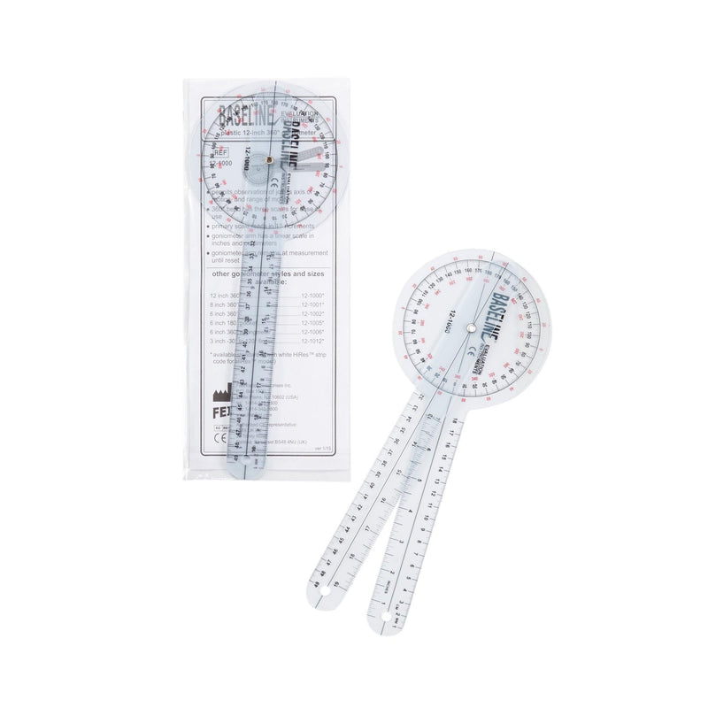 Baseline Plastic Goniometer - HiRes 360° Measuring Head with 12" Arms for Motion Range Measurement (ROM) 12" ISOM 360⁰