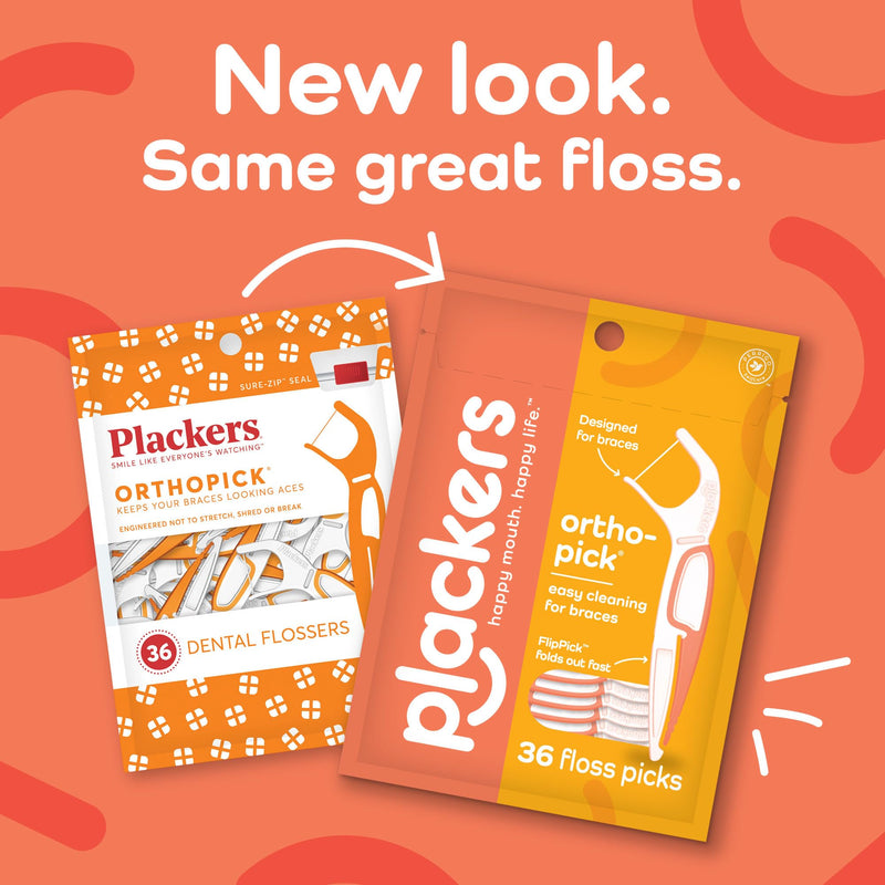 Plackers OrthoPick® Floss Picks Designed for Braces, Tuffloss® Made Without PTFE, FlipPick® Clean Between Brackets, 36 Count (8 Pack) 36 Count (Pack of 8)