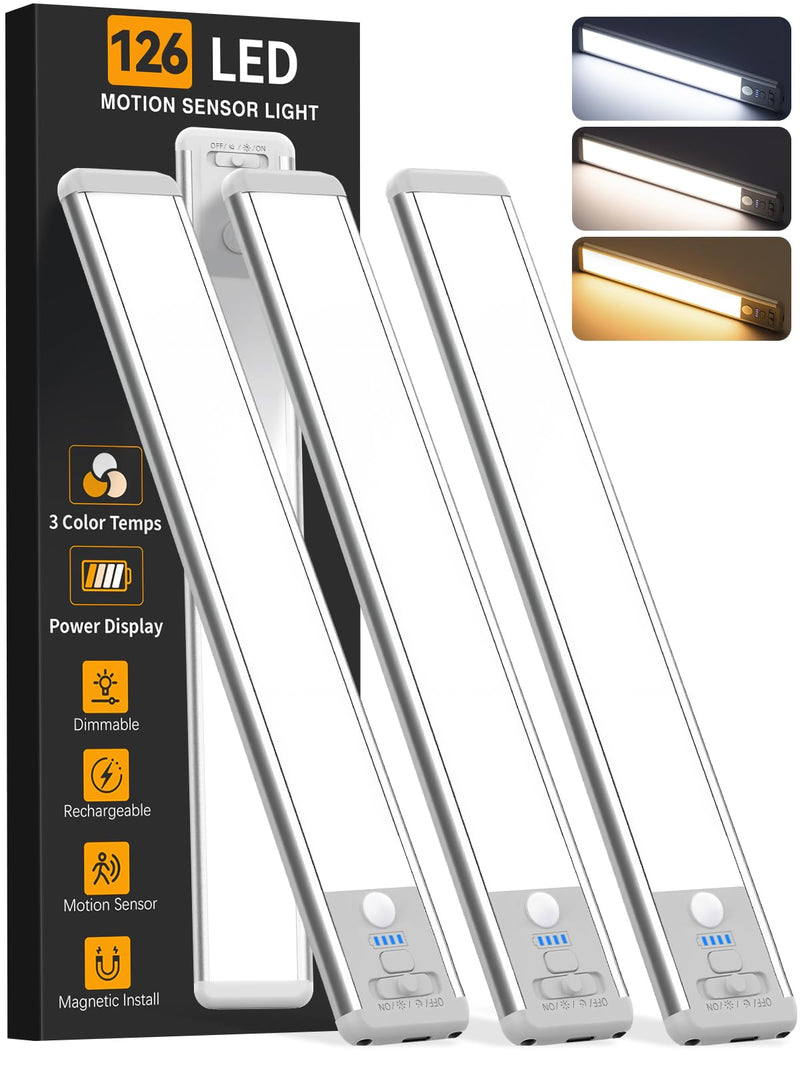 Under Cabinet Lighting Wireless, Motion Sensor Light Indoor Rechargeable, 3 Color Dimmable Closet Light Battery Operated with LED Power Display, Magnetic Under Counter Lights for Kitchen, Home (3Pack) 15inch-3Pack