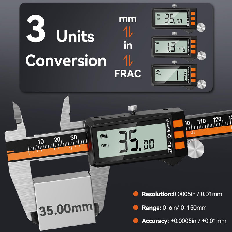 Preciva Digital Caliper 6", Rechargeable Stainless Steel Micrometer | Type-C charging, durable steel body, large LCD with auto-off saves power, in/mm/frac, for 3D-printing machining woodworking 6 Inch