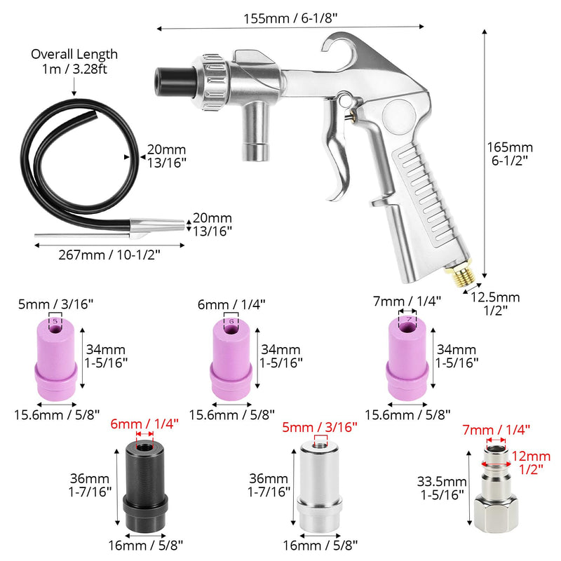 QWORK Compressed Air Sandblasting Gun Set, with 12 Nozzles, Rubber Hose and Quick Connector for Versatile Cleaning Applications