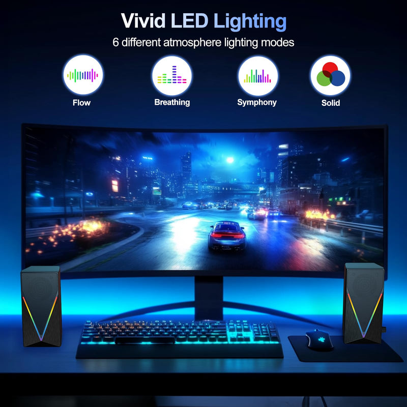 Computer Speakers, Desktop Speakers with 6 Colorful RGB Lights, Headphone Jack, Enhanced Bass and Volume Control, PC Speakers USB Powered & 3.5mm Aux Gaming Speakers for Laptop Monitor PC Tablet Phone