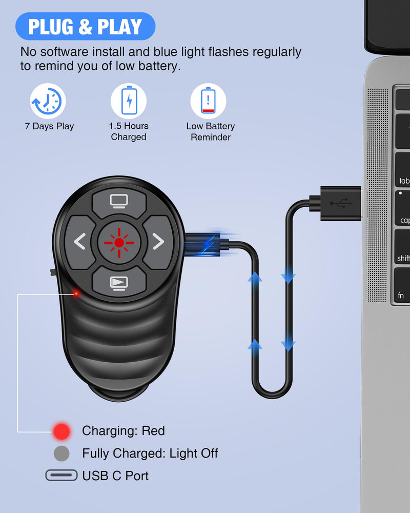 Wireless Finger Ring Presentation Clicker with Laser Pointer & Volume Control - Wearable Slide Advancer Remote for PowerPoint, Mac, Computer, Laptop Red Light-Rechargeable with Finger Ring