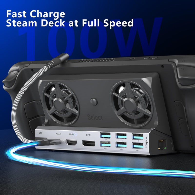 Dual Cooling Fans 12 in 1 Steam Deck Docking Station with 4K@60Hz 2.0,6 USB Ports,1000Mbps,USB-C 100W PD,40Gbps Adapter for Steam Deck/Rog Ally/Switch/Legion Go