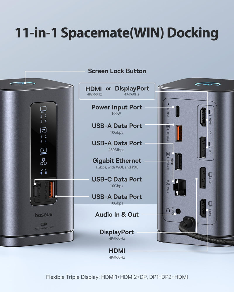 Baseus Docking Station, Spacemate(Win) 11 in 1, Triple Display, 4K HDMI and DP, 10Gbps USB A/C Ports, Gigabit Ethernet, 100W PD, Audio, Laptop Docking Station for Windows/Dell/HP/Lenovo/Asus/Acer/Mac 3 Monitors for Windows