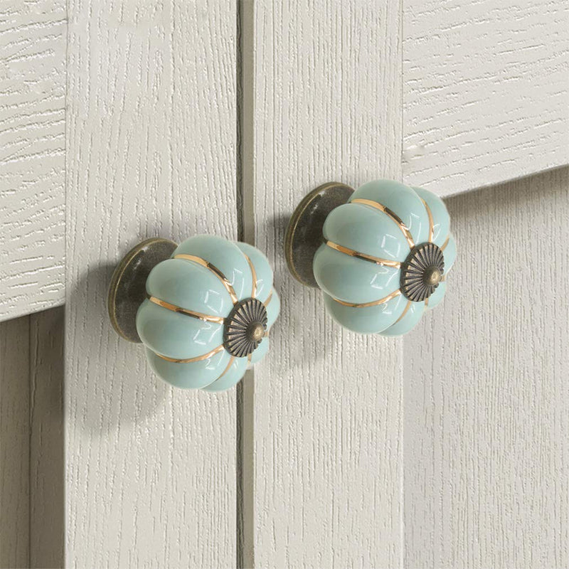 Yusheng 12 Pack Vintage Ceramic Pumpkin Cabinet Knobs, Kitchen Cabinet Drawers Dresser Cupboard Pull Handles Door Pulls with 3 Kinds of Screws (12 Pack, Sky Blue)