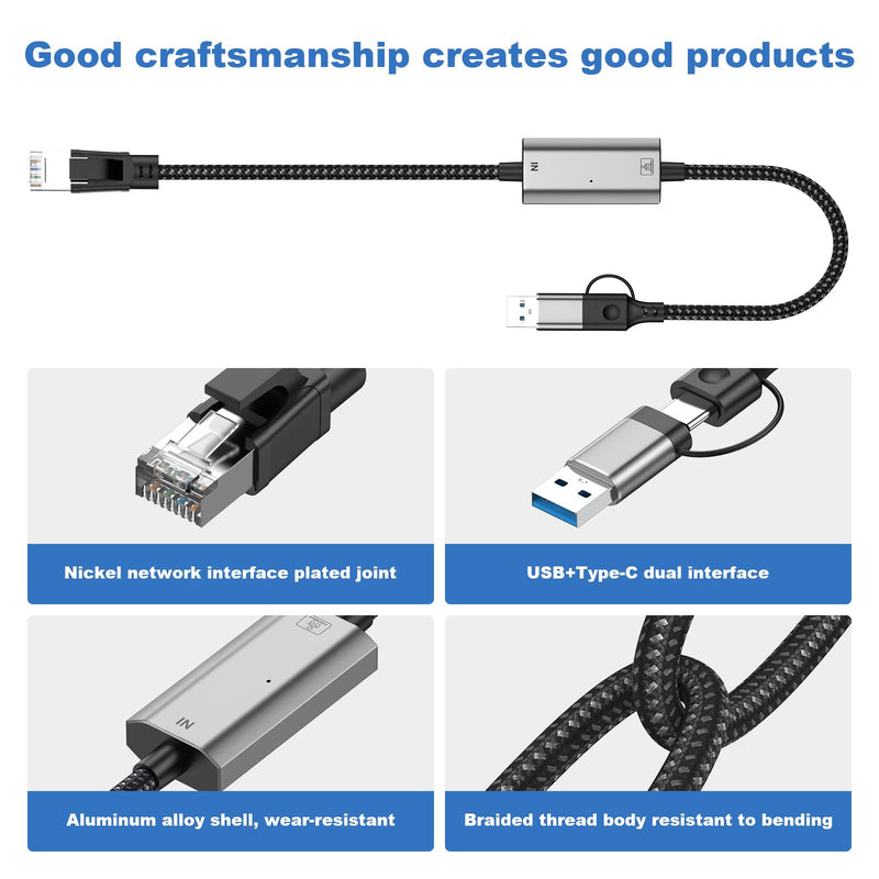 USB C to Ethernet Adapter 1000Gbps, 2-in-1 USB to 1000M Ethernet Adapter, USB-C to RJ45 Network Converter (Thunderbolt 4/3 Compatible), Aluminum Case for Windows, Mac OS, iPad OS and More.