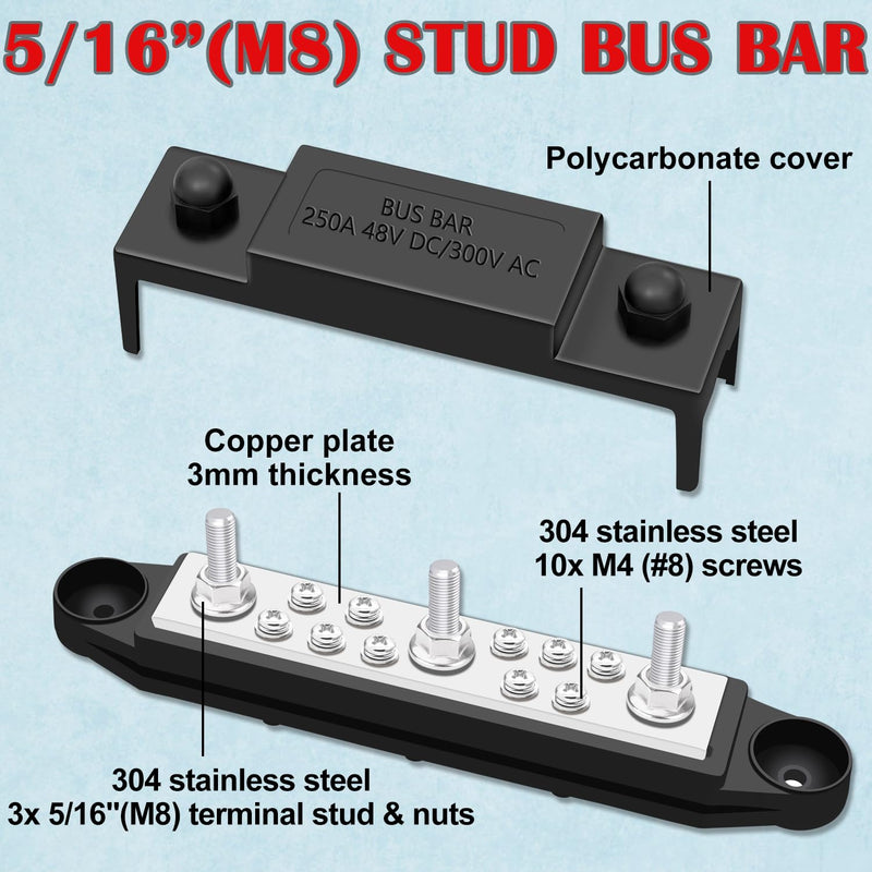 12V 250A Bus Bar Marine 3 x 5/16"(M8) Posts, 10 x #8(M4) Screws Terminals, Power Distribution Block for Car and Boat (Black+Red) Style A-250A