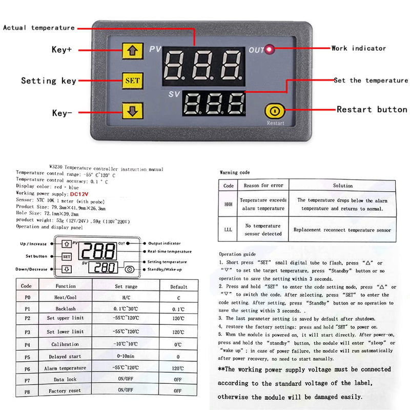 Greluma W3230 DC 12V Digital Temperature Controller, 20A LED Display, Thermostat Control Switch with NTC 10K Sensor Probe, Range from -50°C to 110°C, Pack of 2 12 V temperature controllers 1-2