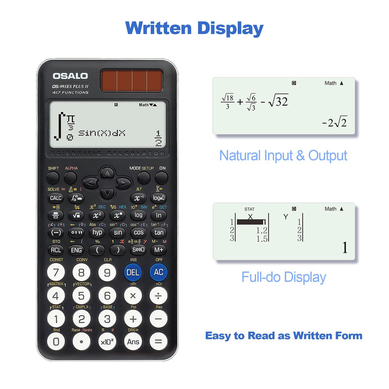 OSALO Scientific Calculator 417 Function 2 Line Written Display 10+2 Digits Solar and Battery Calculators for Students