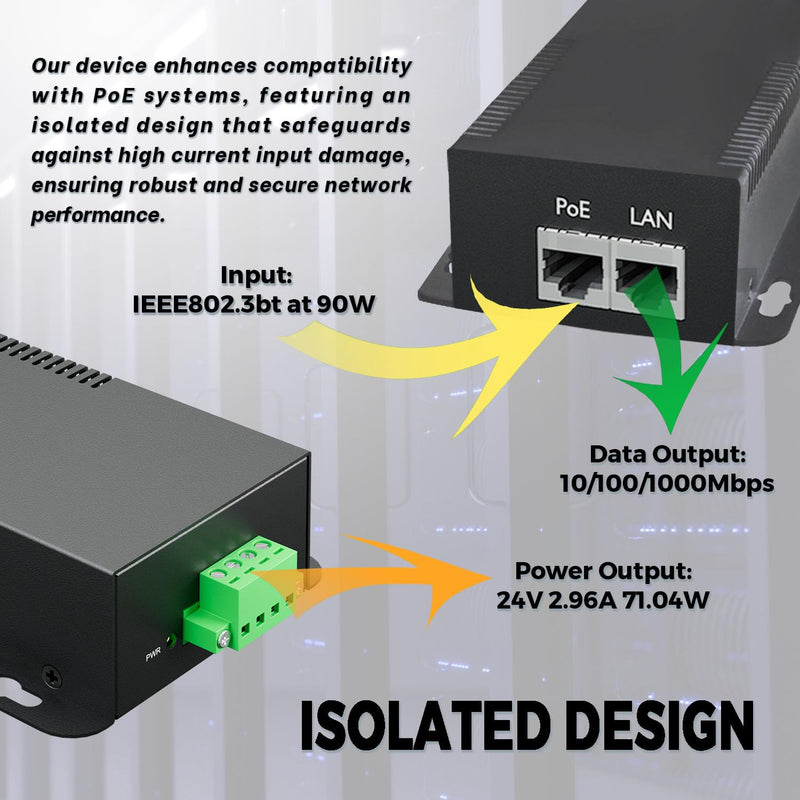PROCET PoE System Gigabit PoE Splitter, 24V/2.96A, IEEE802.3 af/at/bt Compliant, 10/100/1000Mbps, High Power Communication Station /Wireless APs /Network Cameras, PT-PD208GBH-24 24.0 Volts (DC)