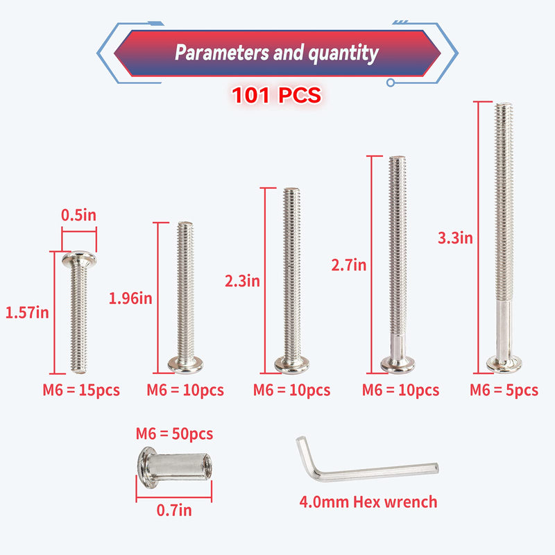 M6 Furniture Joint Connector Bolt & Cap Nut Kit Use for Cot Bed Crib Bolts Hex Drive Socket Cap Bolts - Hex Socket Screws Head (40/50/60/70/85mm 100Pcs) 40/50/60/70/85mm (100pcs)