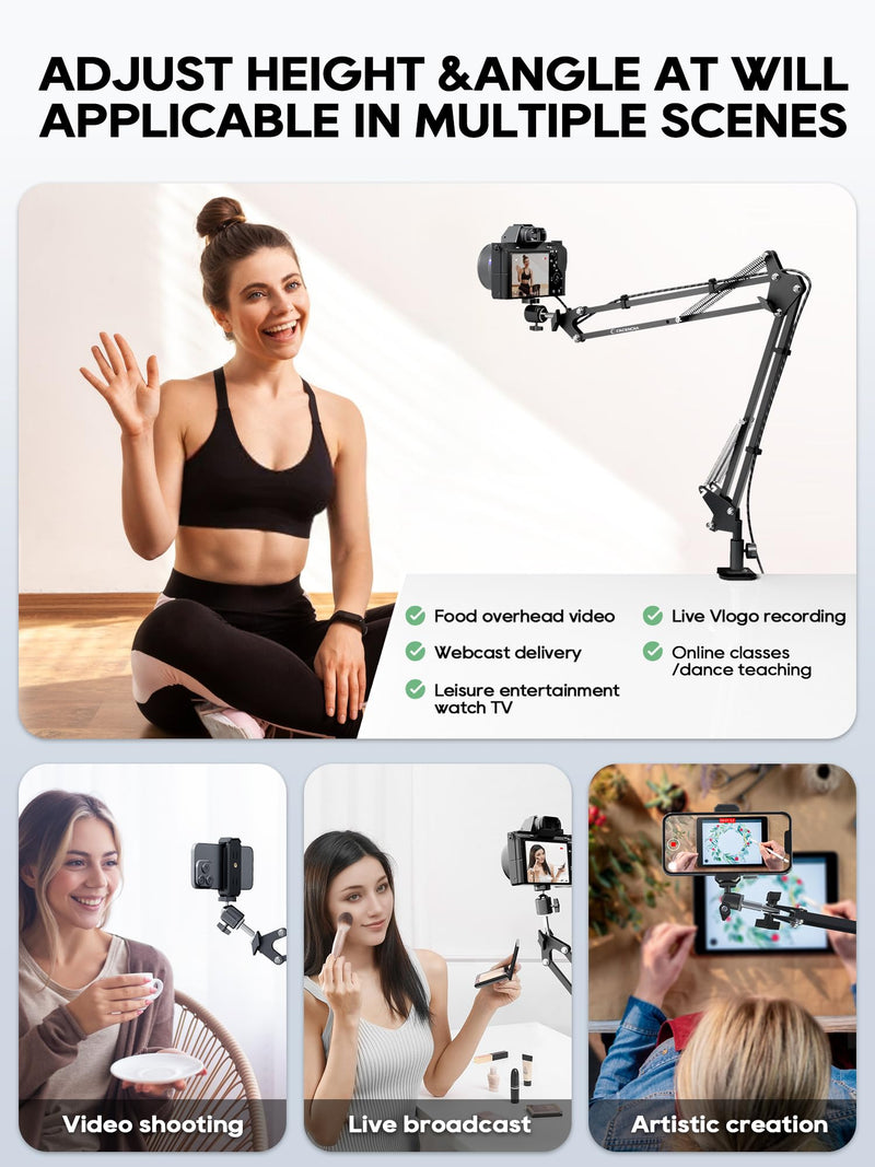 Overhead Camera Mount, 5lb Horizontal Load-Bearing, 360° Adjustable Stand for Desk, Flexible with Phone Clamp, Tabletop Mount for DSLR Camera/Webcam/Microphone Black