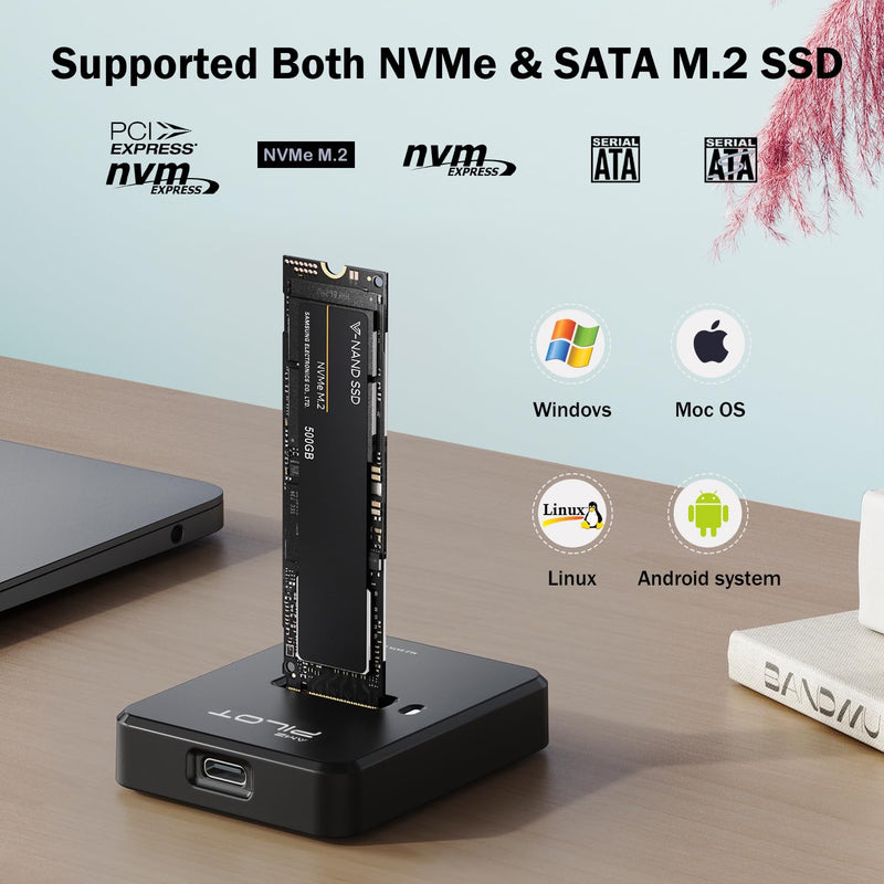 M.2 NVMe & SATA to USB C Docking Station, M.2 SSD to USB A C Reader Adapter for Both M Key & B+M Key NVMe PCIE and SATA NGFF SSD Dock, Size for 22110 2280 2260 2242 2230 Enclosure - Square M.2 Dock [Square Plastic]