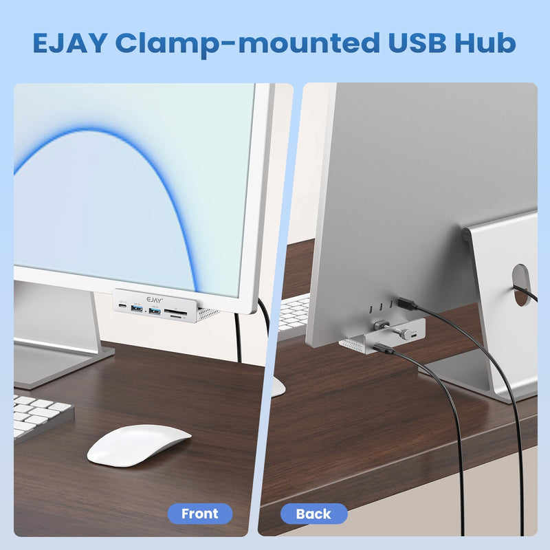EJAY 5-Port USB 3.0 Hub with Card Reader & Clamp Aluminum Desktop Docking Station with 5Gbps Speed for PC Mac Laptop, 59inches Data and 39inches Power Cable Silver