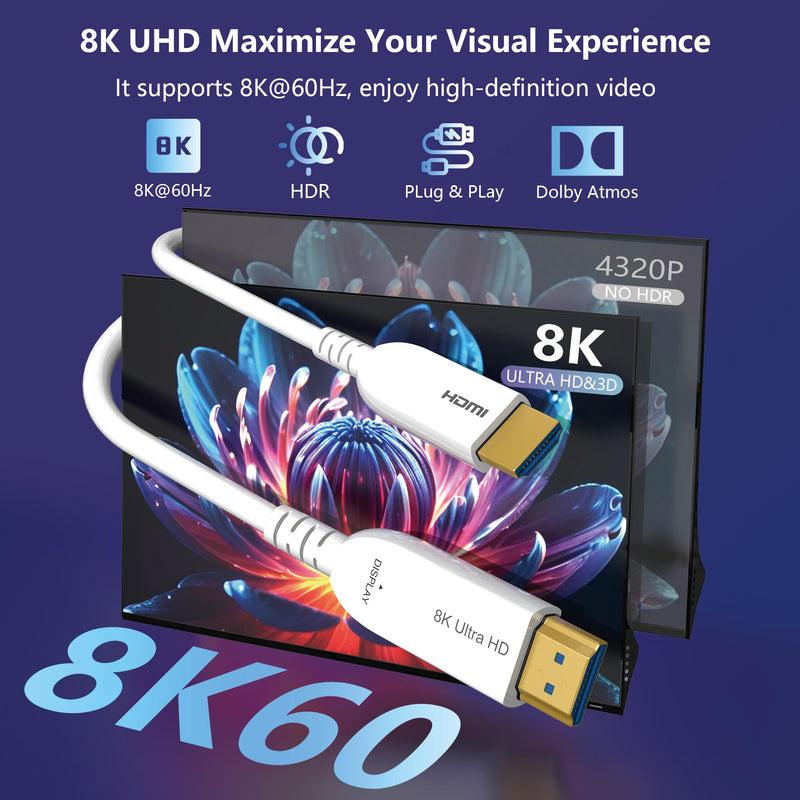 8K Fiber Optic HDMI Cable 50FT, Long Active HDMI 2.1 Cable 48Gbps Ultra High Speed 8K@60Hz 4K@120Hz HDR10 eARC 3D HDCP 2.3 Compatible for Laptop, PC, Monitor, PS5, PS4, Xbox, HDTV, Projector