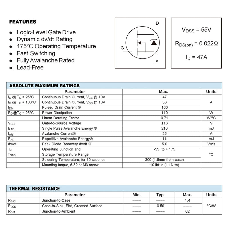 IRLZ44N IRLZ44 IRLZ44NPBF MOSFET Transistors 47A 55V IRLZ44NPBF N-Channel Rectifier Mosfets 47 Amp 55 Volt TO-220 Pack of 10 IRLZ44N