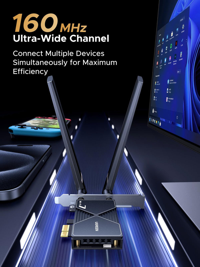 UGREEN WiFi 7 BE6500 PCIe WiFi Card, Bluetooth 5.4, IEEE 802.11ax/be, 6G/5G/2.4G Tri Band, MLO Technology, Flexible Dual 6dBi High Gain Antenna, WPA3 Personal/Enterprise, Supports Windows 11 only