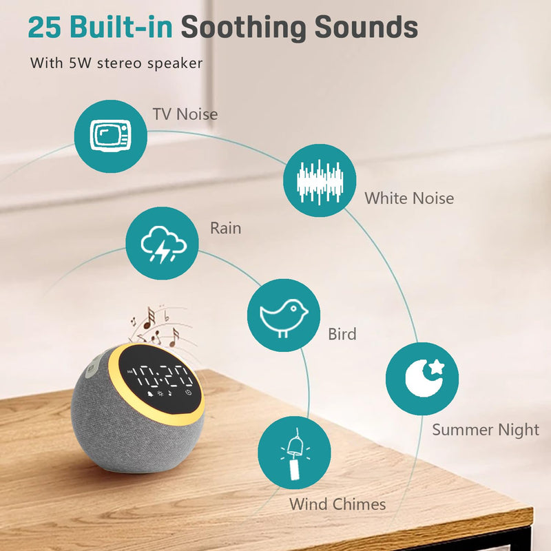 Sound Machine White Noise Machine with 25 Soothing Sounds, 5W Stereo Speaker, Dimmable Alarm Clock for Bedroom with Night Light, 1 Alarm, Sleep Timer, Ideal Gift for Baby, Kids, Adults, Seniors, Grey
