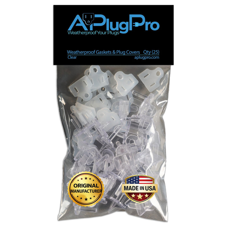 (Set of 25, Clear) The Original Weatherproof Gaskets & Plug Covers - Made in USA, Outdoor Plug Shield, Waterproof Plug Covers, Stop GFCIs from Tripping - by APlugPro Qty (25)