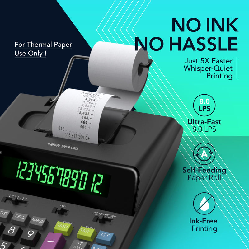 CATIGA 12 Digit Thermal Printing Calculator with Tape Print Out, Ink-Free Adding Machine, 5X Faster Quite at 8.0 LPS, Extra Large Fluorescent Display, Tax Calculation with Clock and Calendar, SP-2401 Black