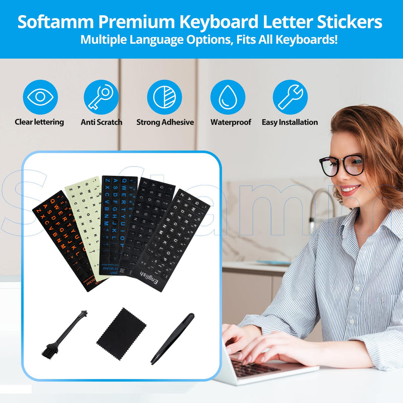 English Keyboard Stickers[5 in 1],Replacement English Keyboard Sticker with White Font on Black Background Universal for Laptop Desktop Computer,Matte English Keyboard Alphabet Sticker English White Letter/Black Background