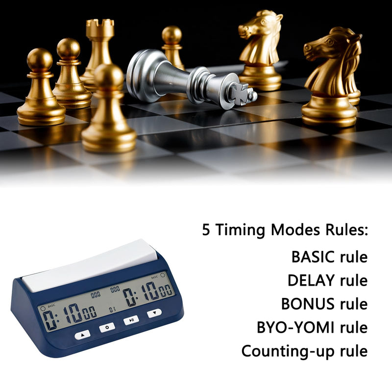 Digital Chess Clock Timer, 5-in-1 Multifunction Portable Competition Specific Chess Timer, Professional Board Game Timer with Bonus & Delay Count Down up ON Off Alarm