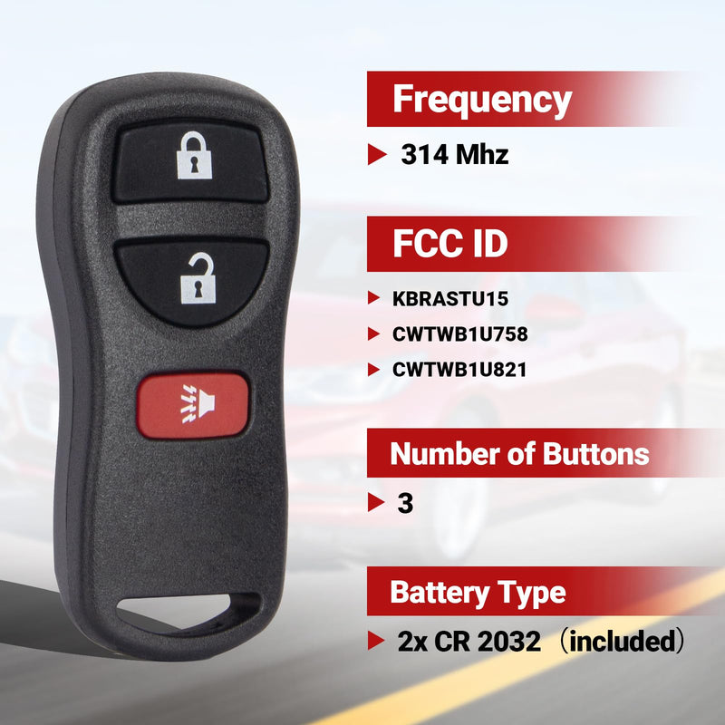 Key Fob Keyless Entry Remote Control Compatible with Nissan Armada/Frontier/Murano/Pathfinder/Quest/Sentra/Titan/Versa/Xterra丨Infiniti qx4/fx35/fx45 Car Key Replacement for KBRASTU15 CWTWB1U733