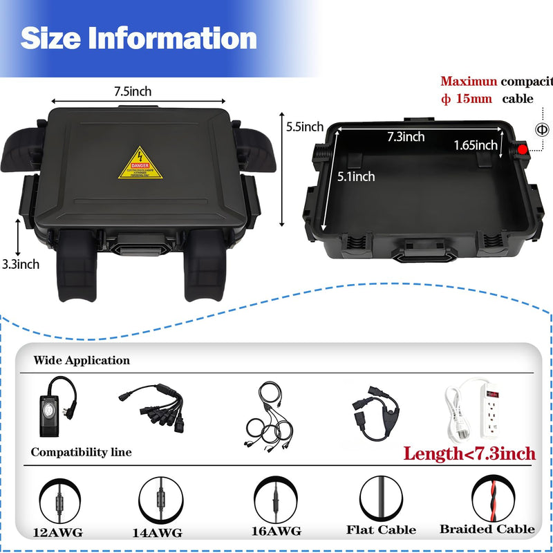 Small Outdoor Electrical Box,Waterproof Extension Cord Cover(Inner 7.3 * 5.1 * 1.6 inch) Weatherproof Connection Box w/4 Cable Entry Protect for Plug,Connector,Festive Light (2 PCS, Black) Small 2PCS