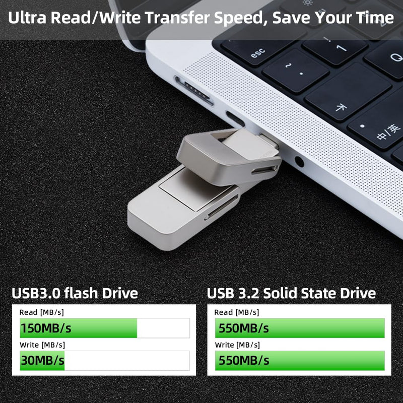 USB Drive 128GB External SSD,USB 3.2 Gen 2 A+C Dual Port Portable SSD,Up to 550MB/s for Data Storage, External Solid State Hard Drive for iPhone 15/16 /Android/PC/Mac/Laptop 1 silvery