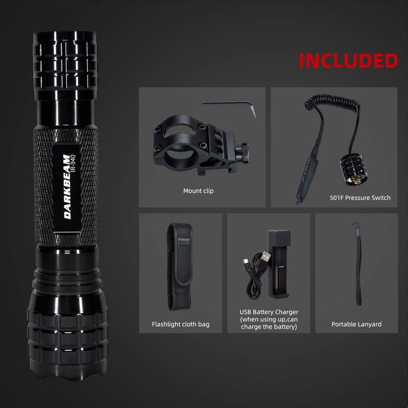 DARKBEAM ir Flashlight Infrared 940nm Lights LED Mini for Night Vision, Rechargeable Portable Tactical ir Illuminator Torch, Focus Adjustable for Hunting, Observation, Search, with Clip 501F IR-940nm Light with Clip