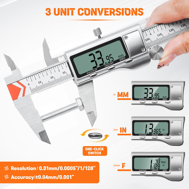 HARDELL 12" Digital Caliper, All-Metal Electronic Micrometer with Large LCD, Inch/Metric/Fraction Conversion, Precision Measuring Tool for Household & DIY (2 Batteries Included) 12 Inch