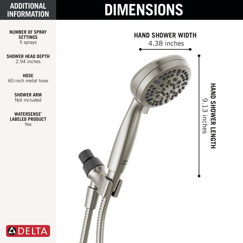 Delta Faucet 5-Setting Handheld Shower Head, Brushed Nickel Shower Head with Hose, Showerheads & Handheld Showers, Handheld Shower Heads, Detachable Shower Head 1.75 GPM, Brushed Nickel 75511SN Stainless