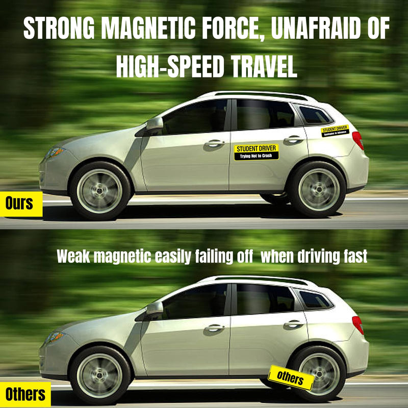 Student Driver Magnet for Car - 2-Pack Reflective Funny Magnetic Bumper Sticker Set - Removable Novice Driver Safety Attention Sign - Weather-Resistant 10 x 3.5 Yellow-black