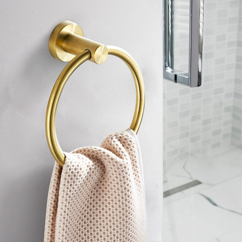 BATHSIR Brushed Gold Toilet Paper Holder & Hand Towel Holder Wall Mount 2 Pieces, Single Post Pivoting Round Modern Bathroom Hardware Towel Ring Toilet Tissue Holder, Bathroom Accessories Set Gold 3