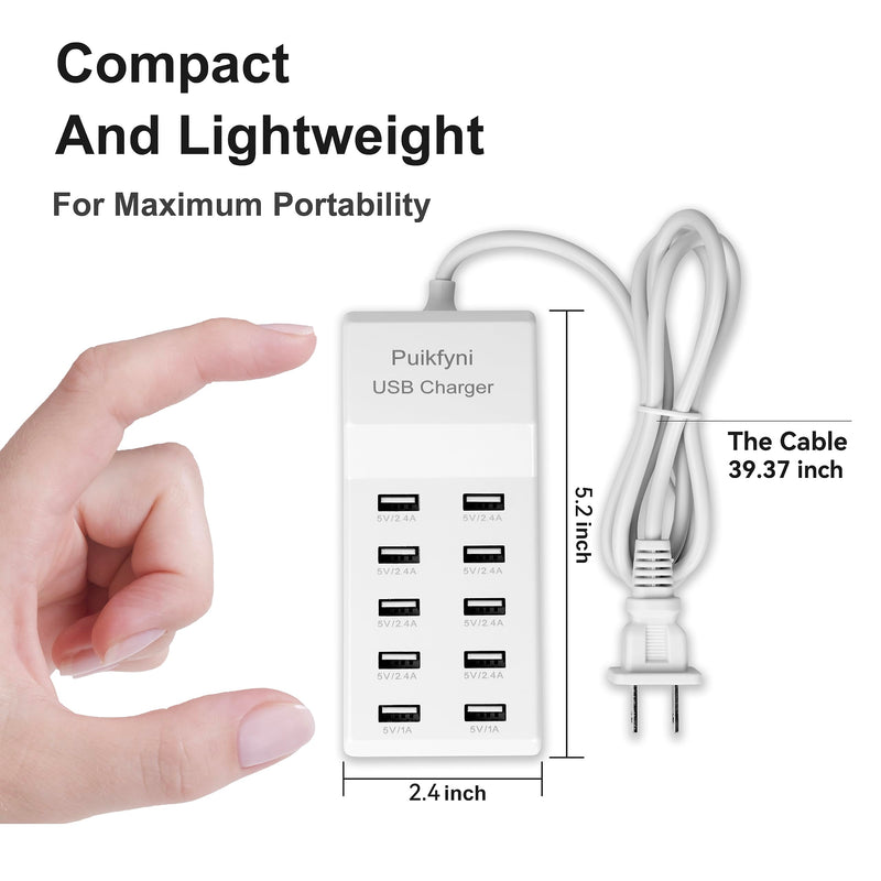 10-Port USB Charger [UL Certified] Family-Sized Desktop USB Rapid Charger，Smart USB Charger for Multiple Devices Smart Phone Tablet Laptop Computer white