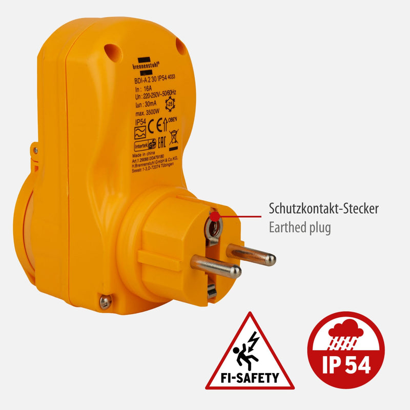 Brennenstuhl personal protection adapter BDI-A 2 30 IP54 / personal protection plug for outside (two-pin switch-off, yellow, 30mA)