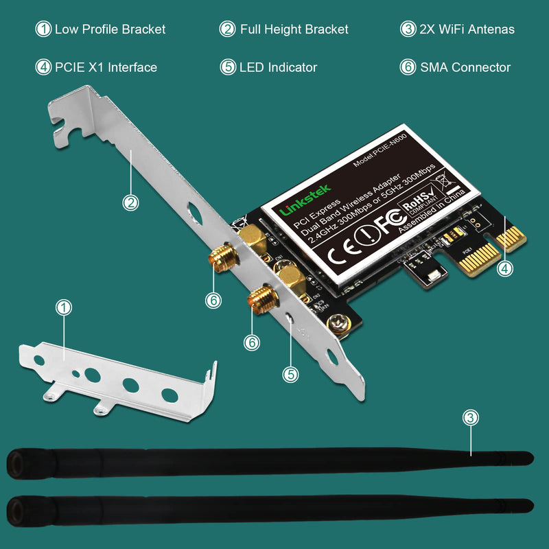 Wireless N 600Mbps (2.4GHz 300Mbps and 5GHz 300Mbps) PCIE WiFi Adapter, PCIE WiFi Card, QUALCOMM Atheros AR946X Wireless Network Adapter for Windows 10 8.1 8 7 XP Desktop PCs (PCIE-N600) PCIE-N600