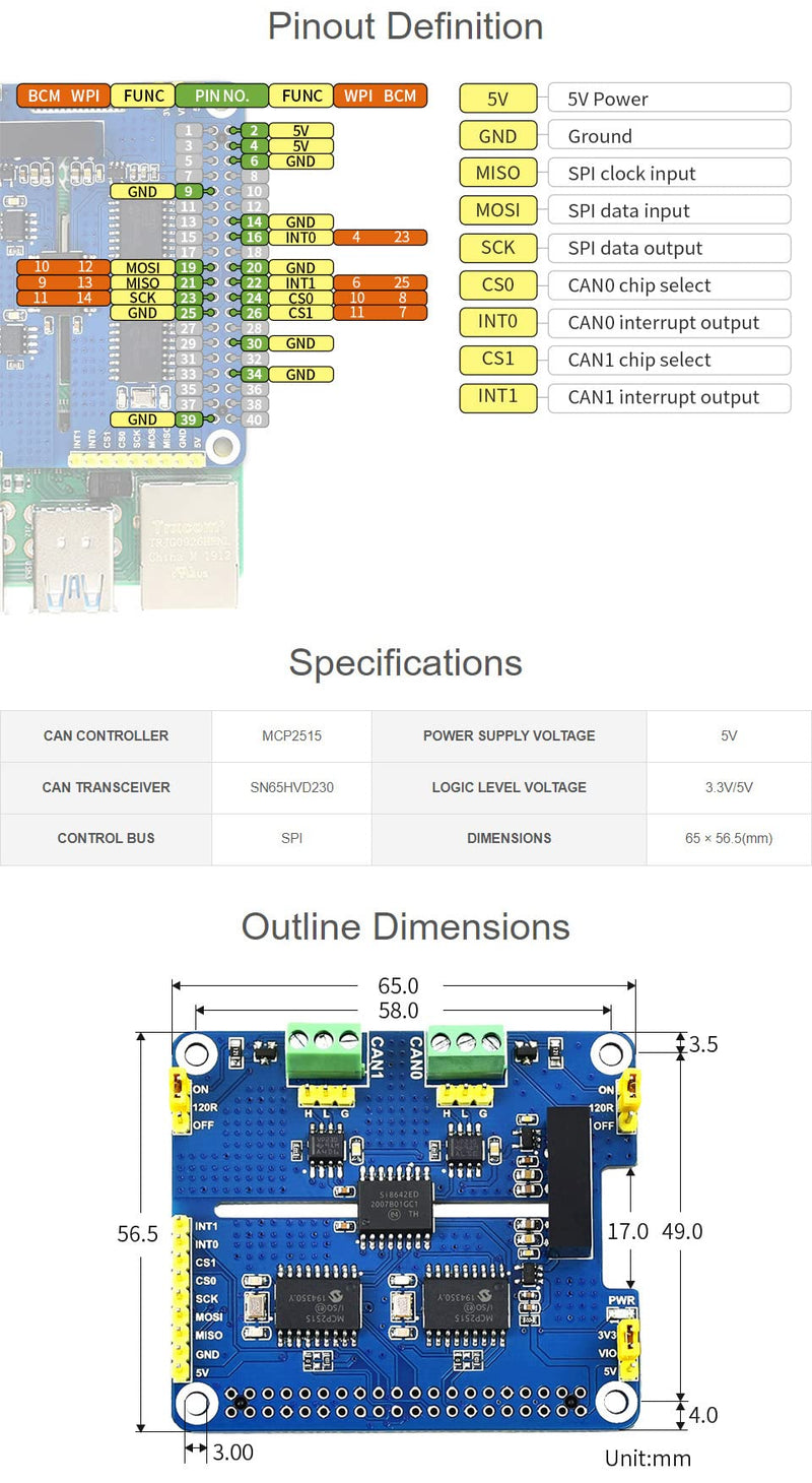 Waveshare 2-Channel Isolated CAN Expansion Hat for Raspberry Pi with MCP2515 + SN65HVD230 Dual Chips Solution and Multi Onboard Protection Circuits